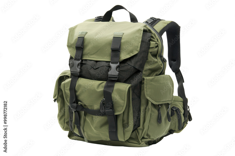 Green backpack with multiple pockets isolated on transparent background. Green backpack with multiple pockets isolated on transparent background.