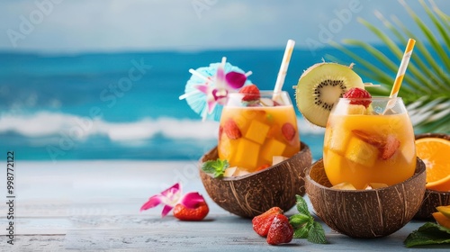 Colorful mixed fruit juice cocktails served in coconut shells, beach waves rolling in the background, Coconut Beach Drinks, Exotic relaxation