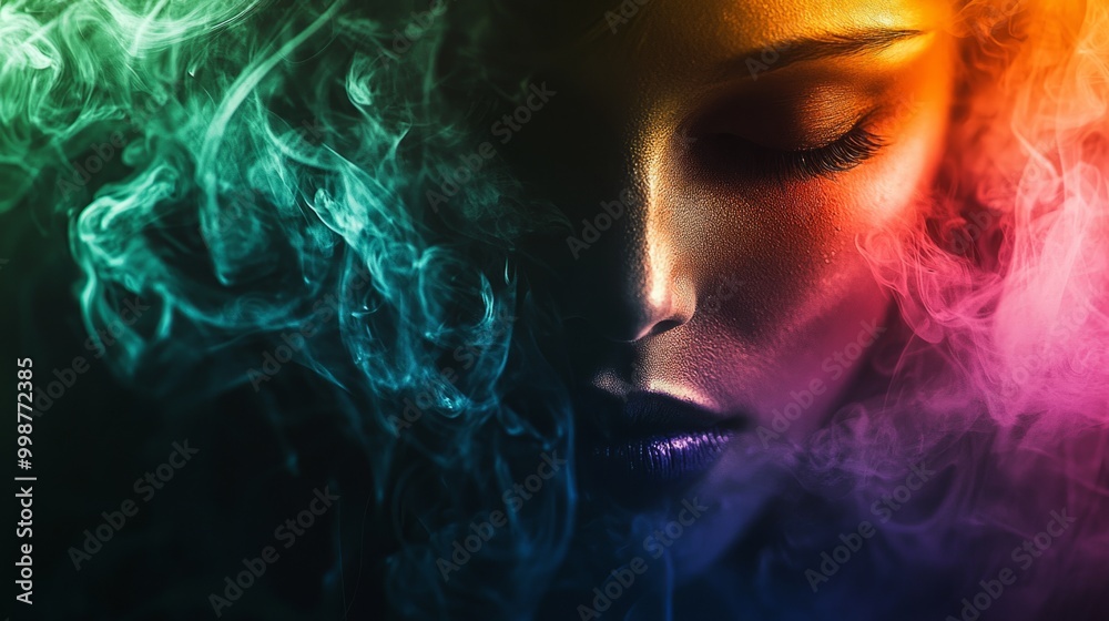 Fototapeta premium modern Art style beautiful mysterious woman colors dark black platinum Anonymous in color smoke