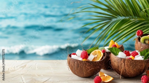 Colorful mixed fruit juice cocktails served in coconut shells, beach waves rolling in the background, Coconut Beach Drinks, Exotic relaxation