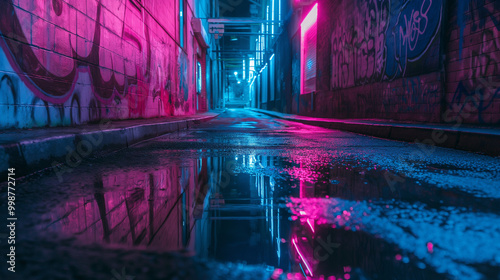 A dark empty alley with neon lights, a small puddle of water on the ground, graffiti walls, street photography, cyberpunk, neon blue and pink colors