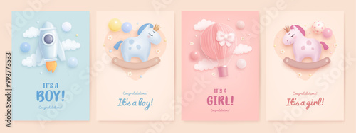 Baby shower banner, invitation, arrival greeting card design template. Baby birth vector 3d toys and flowers. It's a girl. It's a boy. Welcome baby background