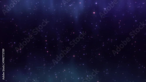 Sparkling stars in the night sky aurora with fog and clouds. Dust particles background.