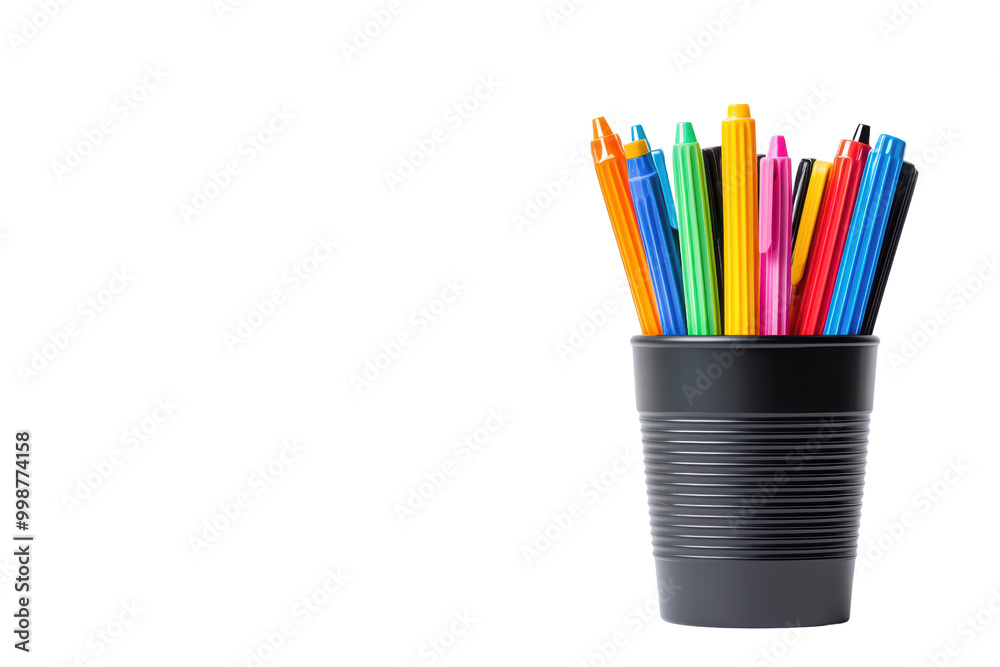 Colorful pens in a black holder, isolated on transparent background. Colorful pens in a black holder, isolated on transparent background.