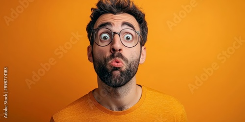 expressive portrait of perplexed man against vibrant orange backdrop dynamic composition highlighting facial features and emotions with bold color contrast 