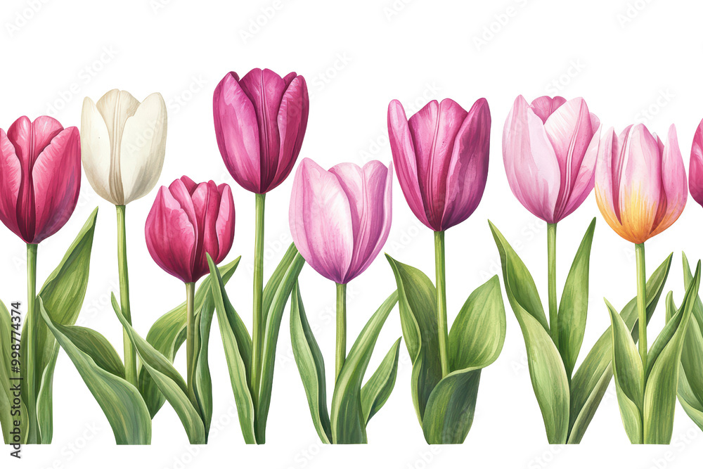 Colorful tulips isolated on transparent background.