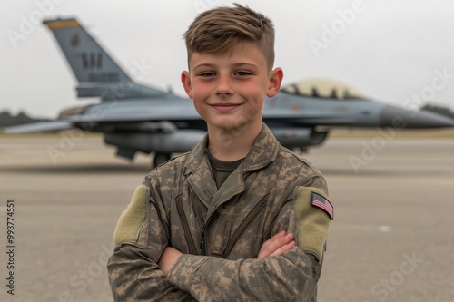 Young boy happily poses in a military uniform on an airfield with a fighter jet in the background