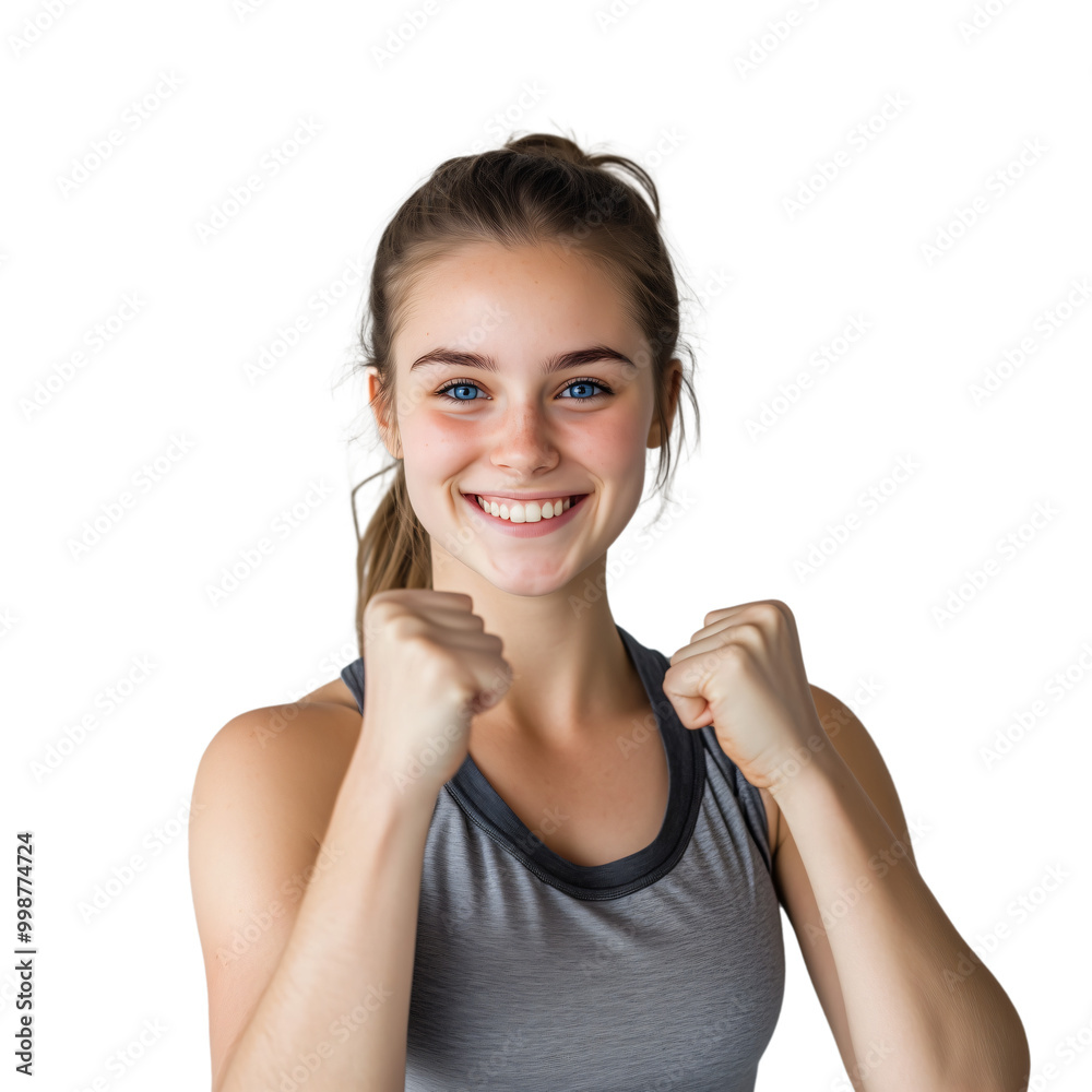 Smiling young woman with fists up, ready for workout, on transparent background Smiling young woman with fists up, ready for workout, on transparent background