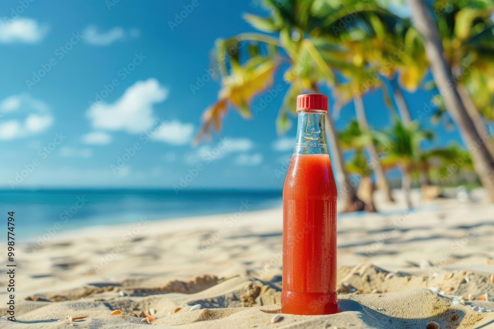 Fruit juice bottle resting on sandy beach, palm trees and ocean in the background, Beach Drink Refreshment, Tropical escape vibes Fruit juice bottle resting on sandy beach, palm trees and ocean in the background, Beach Drink Refreshment, Tropical escape vibes