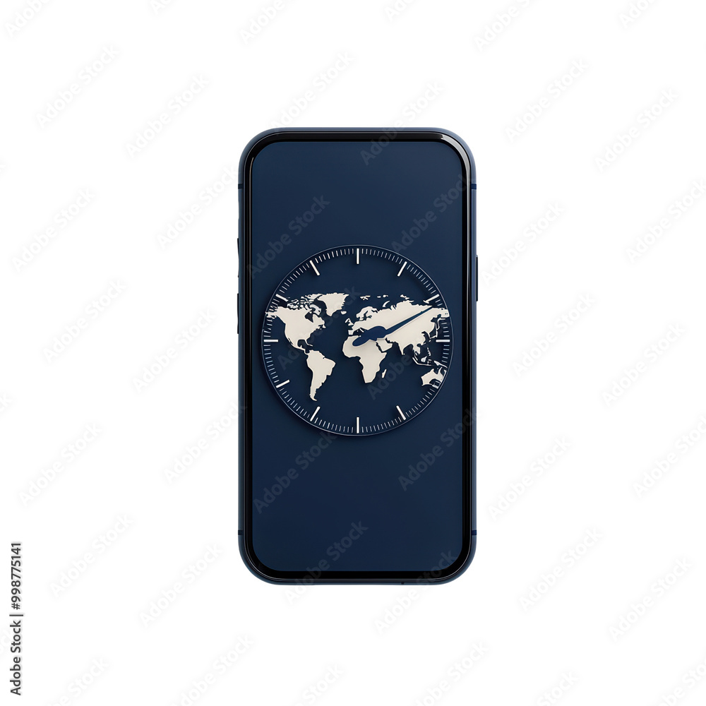 Smartphone with world map and clock interface isolated on transparent background. Smartphone with world map and clock interface isolated on transparent background.