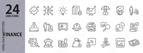 Finance line icons set with Money, Budget, Economy, Investments, Stocks, Bank, Currency, Credit, Payment and more. Editable Stroke