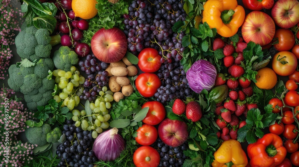 A vibrant assortment of fresh fruits and vegetables arranged on a bed of green leaves. A vibrant assortment of fresh fruits and vegetables arranged on a bed of green leaves.