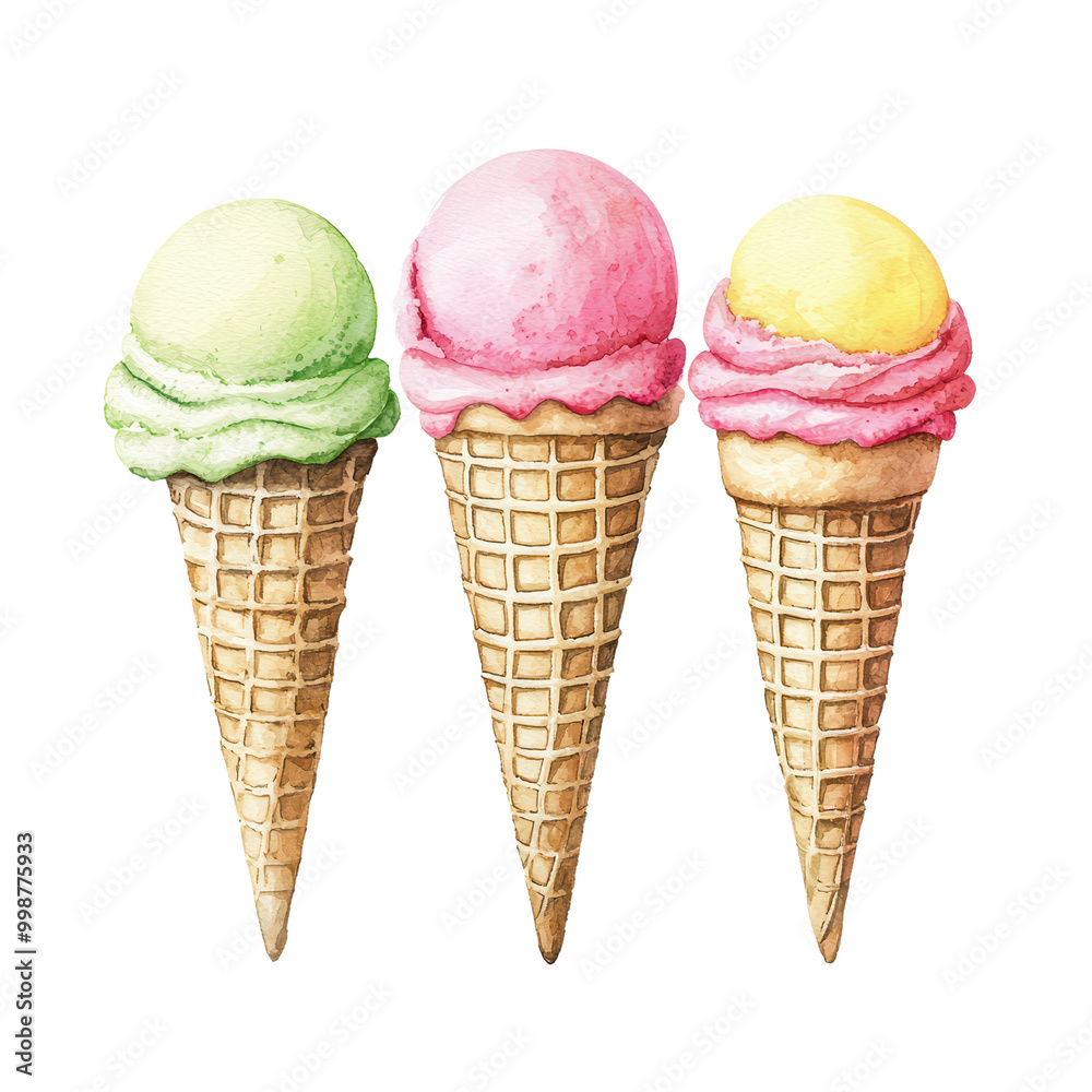 Three colorful ice cream cones isolated on transparent background. Three colorful ice cream cones isolated on transparent background.