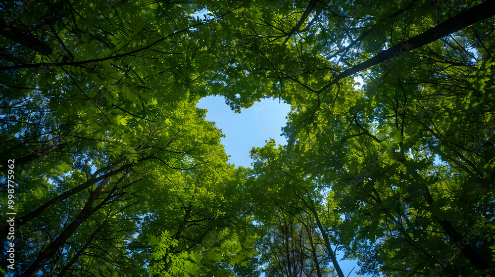 A Heart-Shaped Opening in a Canopy of Lush Green Trees Reveals a Blue Sky, a View from Below the Forest