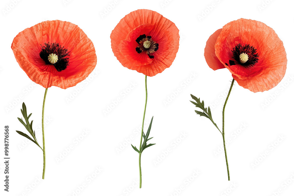 Obraz premium Beautiful red poppy flowers with delicate petals, perfect for nature-themed designs, backgrounds, or floral arrangements, transparent background.