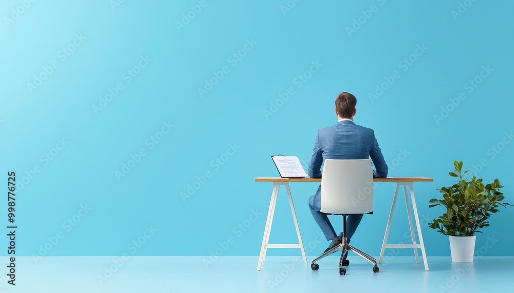 Fototapeta premium Professional businessman sitting at a desk with a laptop against a blue background, symbolizing work and productivity.
