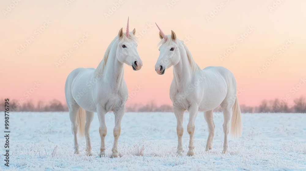 Two majestic white unicorns stand gracefully in a snowy landscape, with a soft pastel sky creating a serene and enchanting atmosphere. Two majestic white unicorns stand gracefully in a snowy landscape, with a soft pastel sky creating a serene and enchanting atmosphere.