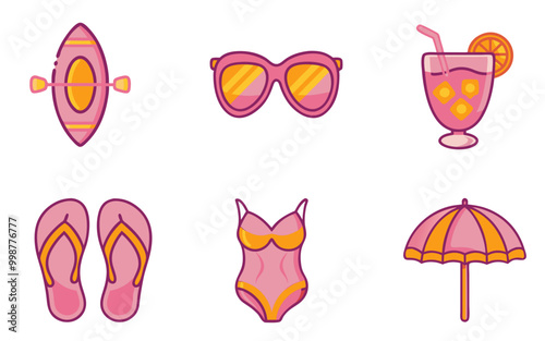 Set of icons featuring swimsuit, umbrella, flip-flops, paddleboard, canoe, cocktail, orange juice, cocktail with straw, sunglasses