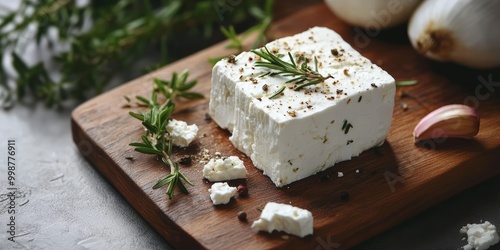 Tasty white feta cheese and herbs rosemary on cutting board in table at kitchen.