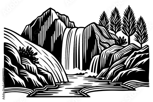 Majestic Mountain Waterfall Landscape in Monochrome Illustration