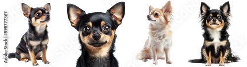 Four adorable chihuahuas sitting and posing together transparent background