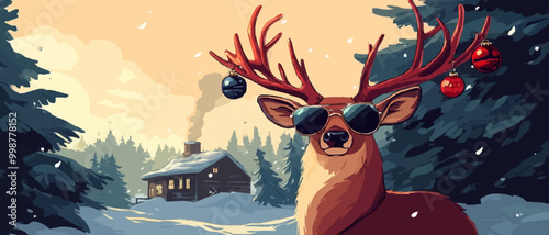 Aviator Sunglass Deer on a Snowy Hilltop