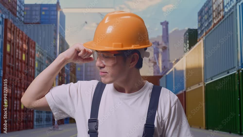 Close Up Of Asian Man Worker Wearing Goggles And Safety Helmet Smiling And Flexing His Bicep While Standing At Container Yard Warehouse Close Up Of Asian Man Worker Wearing Goggles And Safety Helmet Smiling And Flexing His Bicep While Standing At Container Yard Warehouse
