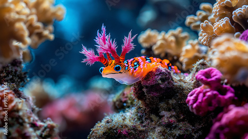 close-up of a vibrant nudibranch on a coral