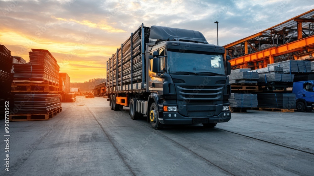 Truck Loaded with Steel for Shipping at Sunset Truck Loaded with Steel for Shipping at Sunset