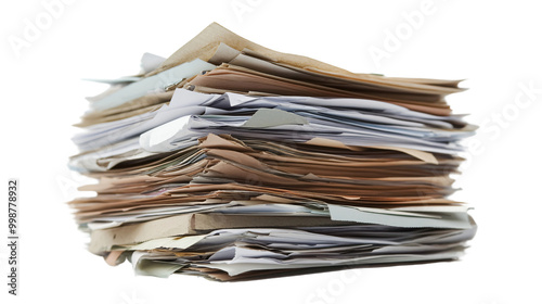 Large pile stack of business documents papers administrative office corporate isolated on transparent background