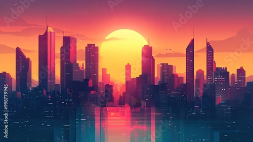 A futuristic city skyline at sunset. Modern business office skyscrapers