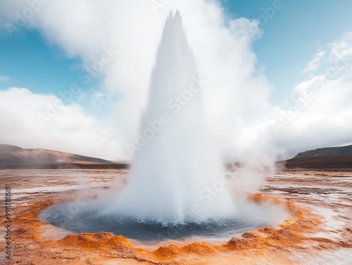 Wallpaper Mural A powerful geyser erupts in a stunning natural landscape, surrounded by vibrant mineral deposits and steaming water vapor under a clear blue sky. Torontodigital.ca