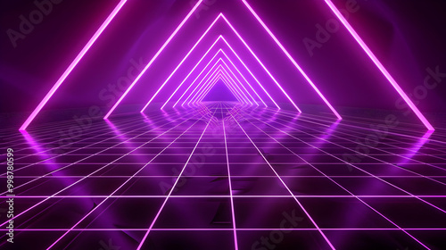 Wallpaper Mural Abstract 3D Neon Glow with Purple Triangles and Grid Floor Creates a Futuristic and Stylish Background Torontodigital.ca