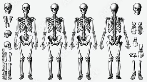 human Skull and Body Bones Bony Framework Close Examination on a Clear Surface design silhouette art of illustration