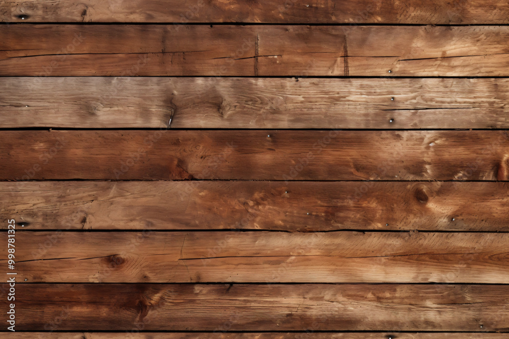 Fototapeta premium Rustic wood planks with rich brown tones and natural imperfections, perfect for showcasing hearty meals or adding a touch of warmth to any scene in food or product photography