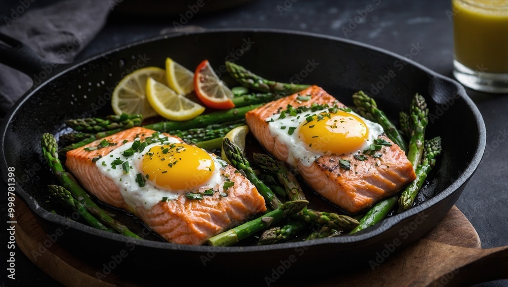 Salmon with fried egg, asparagus, and lemon in a skillet, served on dark board Salmon with fried egg, asparagus, and lemon in a skillet, served on dark board