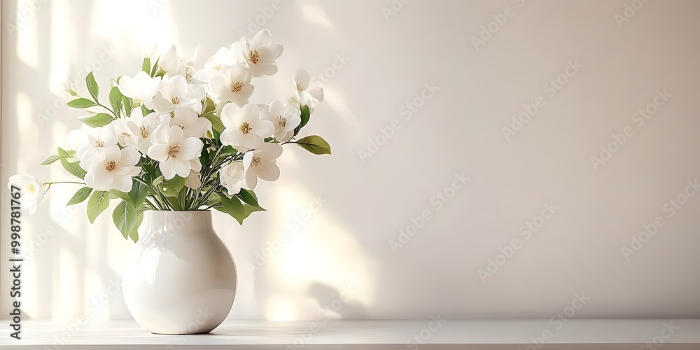 home interior with white flowers in a vase on a light background for product display, generative ai home interior with white flowers in a vase on a light background for product display, generative ai
