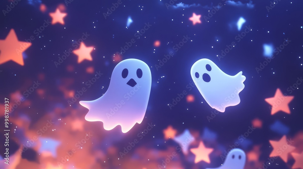 Cute cartoon ghosts floating among colorful stars on a dark background, creating a whimsical Halloween-themed scene. Cute cartoon ghosts floating among colorful stars on a dark background, creating a whimsical Halloween-themed scene.