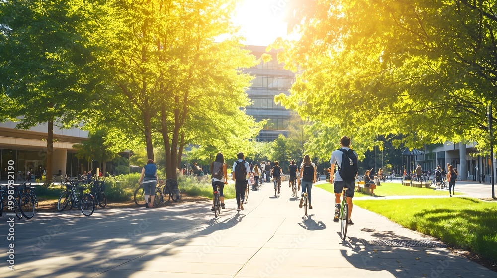 Bustling university campus during midday, with students walking between classes, socializing, and riding bikes Bustling university campus during midday, with students walking between classes, socializing, and riding bikes