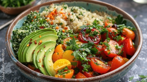 A vibrant bowl of quinoa, avocado, tomatoes, and greens, perfect for a healthy and delicious meal.