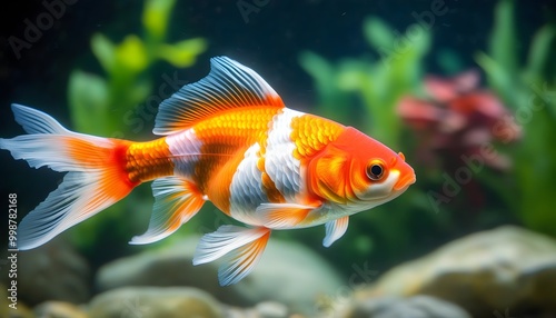 Goldfish gliding gracefully inside a plastic bag amidst vibrant blue waters