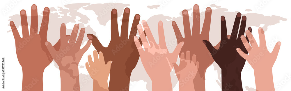 Banner with diverse hands ahead world map. Modern flat illustration Banner with diverse hands ahead world map. Modern flat illustration