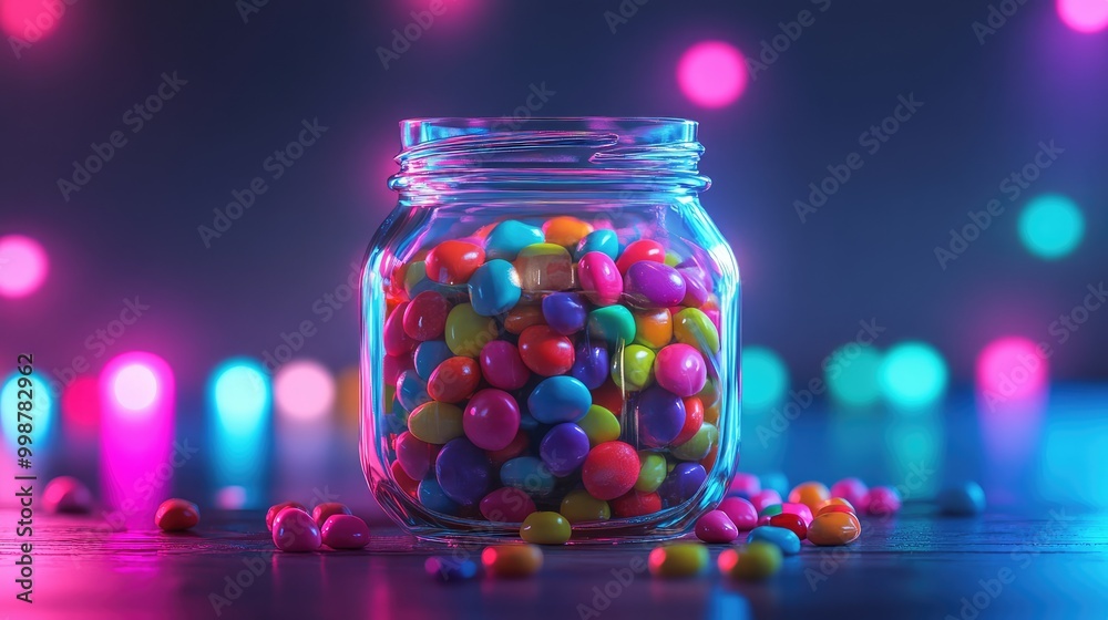 A translucent glass jar, filled with colorful candies, glowing softly in the light A translucent glass jar, filled with colorful candies, glowing softly in the light