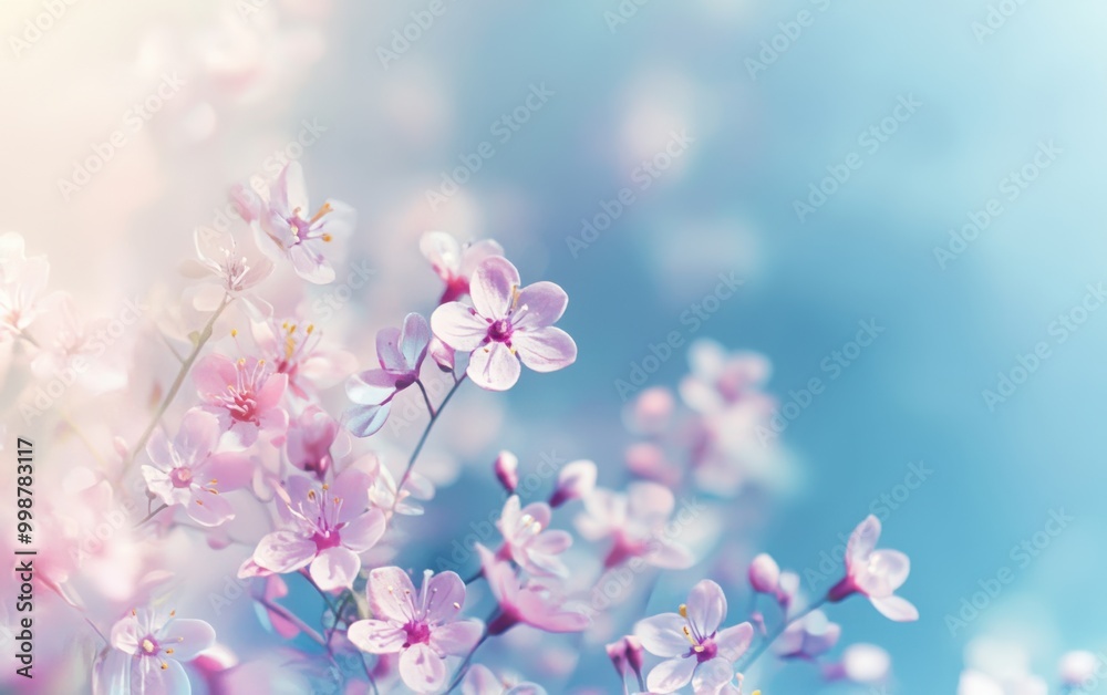 Obraz premium A serene and calming background featuring delicate flowers in pastel shades of blue, pink, or purple, creating an atmosphere that exudes tranquility and beauty Generative AI
