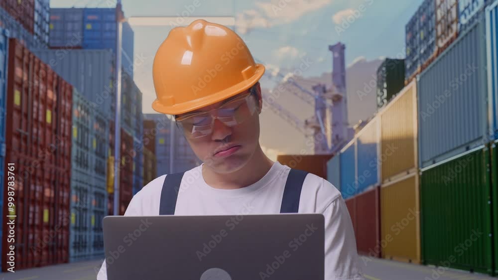 Close Up Of Asian Man Worker Wearing Goggles And Safety Helmet Using A Laptop And Having A Headache While Standing At Container Yard Warehouse Close Up Of Asian Man Worker Wearing Goggles And Safety Helmet Using A Laptop And Having A Headache While Standing At Container Yard Warehouse