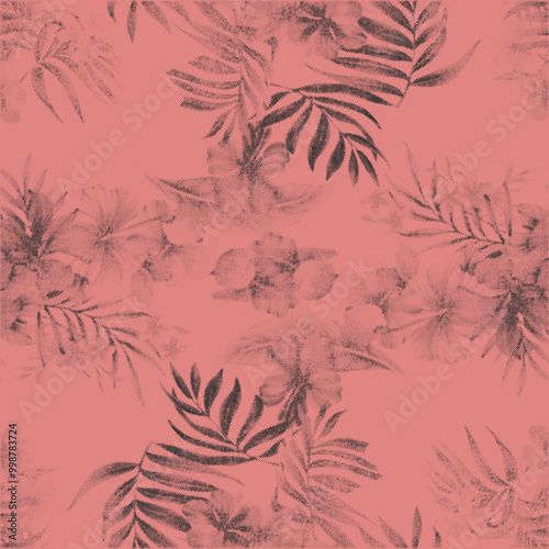 Monotone Tone in Tone color . Vintage Palm leaves tropical fabric design. Tropical palm trees and flowers silhouettes.