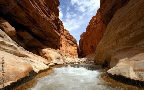 A narrow canyon with water rushing through it, eroding the rock walls over time photo