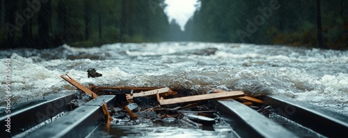 A river swollen with rain, its powerful current carrying debris downstream