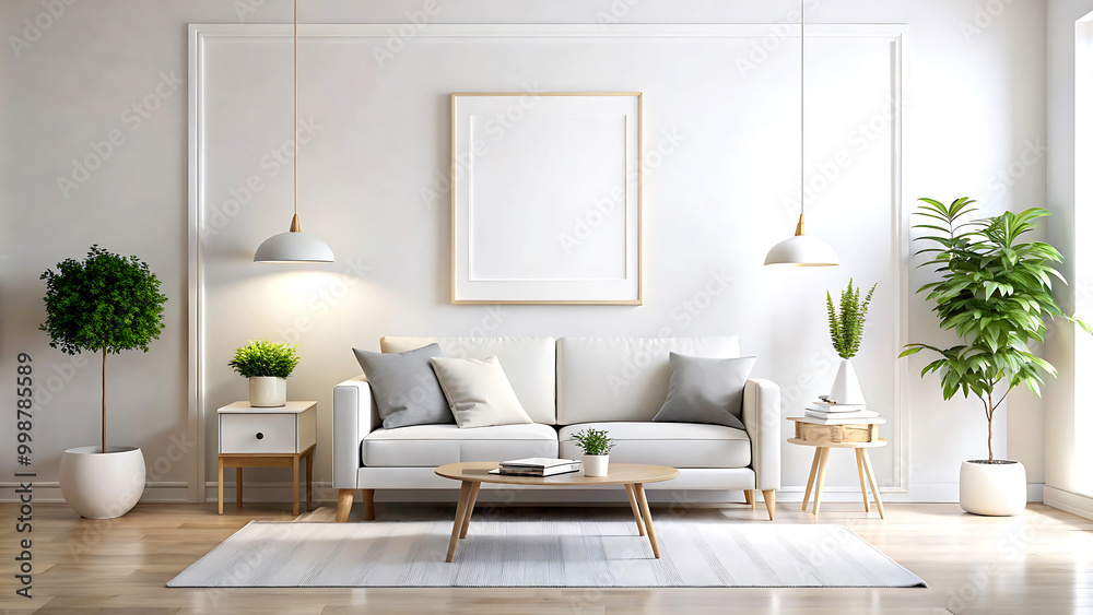 Fototapeta premium Home mockup, minimalist room interior with retro furniture, 3d render, white Mock up frame