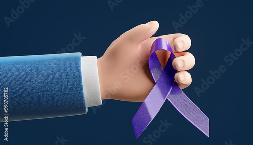 3d hand holding lavender purple ribbon. World Cancer Day concept February 4 photo